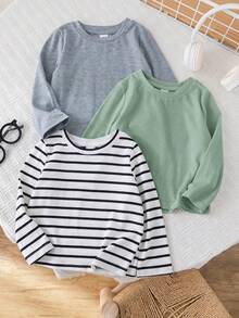 SHEIN Baby Boy Baby Girl Spring/Autumn Black & White Striped Solid Color Round Neck Long Sleeve Pullover Top 3 Pieces Set - Multicolor - View 7
