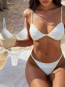 Elavelle Women's Spring/Summer Jacquard Fabric Spaghetti Strap Beaded Bikini Set - White - View 1