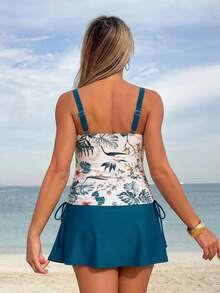Swim Lushoire Women's Spring/Summer Beach Vacation Mature Floral Print Solid Color Patchwork Conservative Dress Swimsuit 2-Piece Set - Teal Blue - View 2