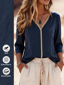 Linhara CURVE Women's Plus Size Mid-Length Sleeve V-Neck Casual Top, Spring Summer Autumn Winter Top, Vacation Casual Home Top - Blue - View 2