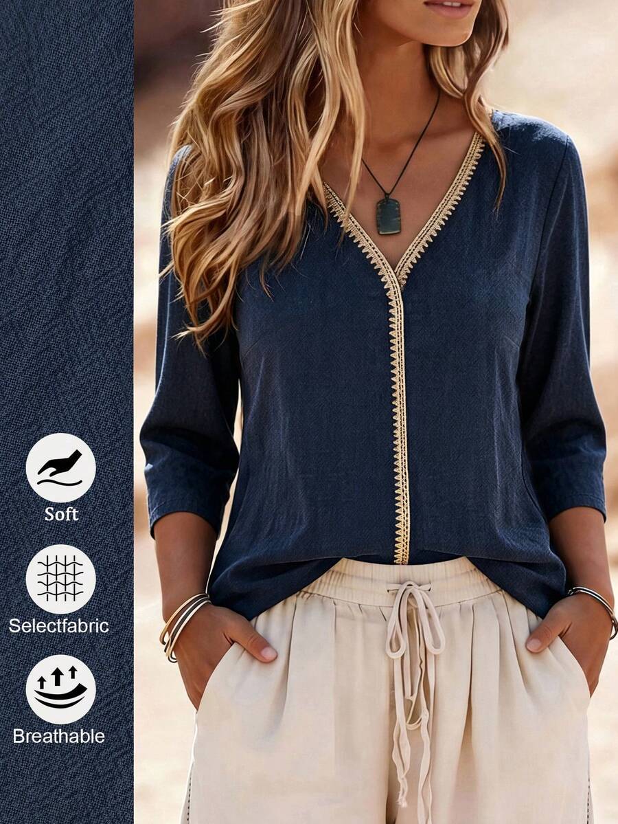 Linhara CURVE Women's Plus Size Mid-Length Sleeve V-Neck Casual Top, Spring Summer Autumn Winter Top, Vacation Casual Home Top