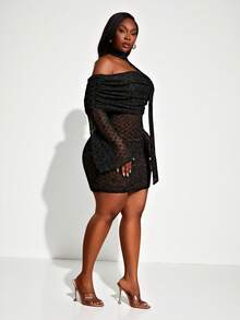 Radiana Women's Black Off Shoulder Bodycon Mini Dress Sheer Long Sleeves Halter Neck Tie Evening Cocktail Concert Dinner Date Night Party Autumn Sexy Elegant - Black - View 3