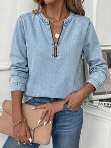 EMERY ROSE Light Blue Printed Zip-Up Crew Neck Plus Size Women's Sweatshirt Fall - Multicolor - View 7