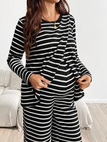 SHEIN Setelan Hamil 2 Potong Atasan Lengan Panjang Leher Bulat Hitam dan Merah serta Celana Pinggang yang Dapat Diatur, Bentuk Lembut Kasual, Cocok untuk Musim Gugur, Pasca Melahirkan, dan Pulang ke Rumah - Hitam dan Putih - View 2