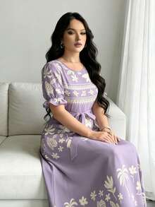 Modelyn Vestido de línea A de manga larga con cuello redondo, con estampado digital de flores y patrón triangular, cintura ceñida, de moda, para primavera - Multicolor - Ver 5