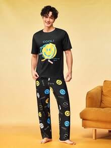 Notgurli Men's Summer Printed Crew Neck Short Sleeve Long Pants Casual Minimalist Comfortable Home Wear Pajama Set - Black - View 3