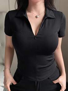 Joudiya 女款夏季黑色 Polo 衫，短袖，有領，休閒運動底層 T 恤 - 黑色 - 查看 4