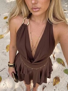 Swim SXY 大尺碼女款純色掛脖金屬裝飾百褶性感度假罩衫洋裝，沙灘棕色夏季款 - 咖啡棕 - 查看 8