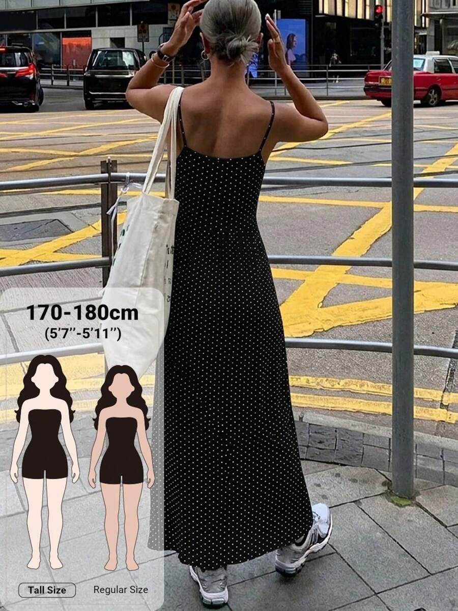 Dazy Tall 女款夏季休閒波點蕾絲拼接長肩帶洋裝,適合高個女性 - 黑與白 - 查看 1