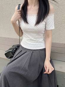 Dazy Tall 女款高個子長袖圓點蕾絲拼接休閒T恤，適合高個子女孩 - 黑與白 - 查看 2
