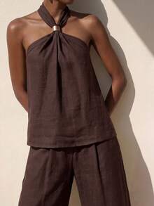 Zivah Spring/Summer Music Festival Easter St. Patrick's Day Valentine's Day Beach Vacation Sexy Jamaican Sleeveless Halter Neck Linen Shades Of Brown Pants - Brown - View 9