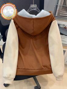 SHEIN 兒童青少年男孩休閒連帽拼色長袖複合抓絨內裡中磅梭織黑色外套，適合學校、花園、海灘、生日，四季皆宜 - 棕色 - 查看 2