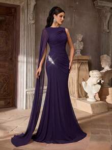 Aureia Elegant Graceful High Elastic Mesh Round Neck One Shoulder Flutter Sleeves Waist Pleats Slimming 3D Rhinestone Women's Bridesmaid Dress Purple Spring - Purple - View 4
