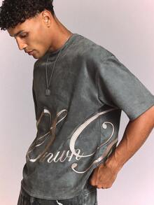 SUMWON Regular Fit Short Sleeve Textured T-Shirt With Cursive Script Embroidery Front And Back Crew Neck Casual Streetwear Top - Grey - View 4