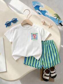 SHEIN Playful Pals 小龍蝦印花 2 件組幼兒夏季度假前後穿著 T-shirt，彈性腰條紋 S 號 - 彩色 - 查看 2
