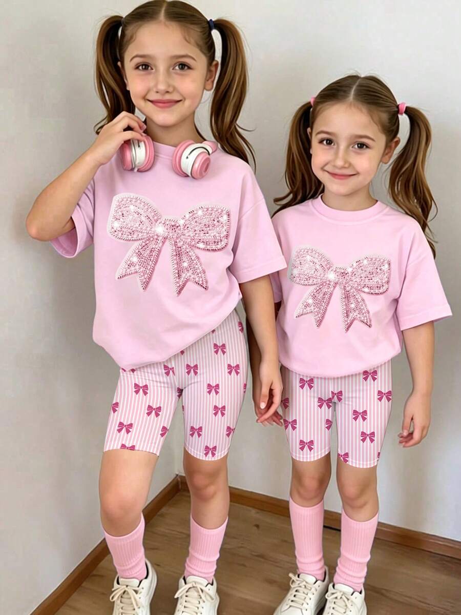 Summer Outfit Spring Summer Autumn Young Girls Casual Fashion Creative Personalized Fresh Minimalist Glitter Bow Pattern Print Summer Casual Vacation Style Basic Short T-Shirt And Cycling Pants Set Sets