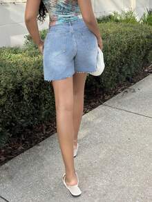 Alexandranx 原色毛邊牛仔短褲 Jorts 休閒夏季款 - 淺色水洗藍 - 查看 2