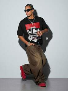 Modcrash Men's Fashion Hiphop Letter & Racing Car Graphic Print Short Sleeve T-Shirt - Black - View 1