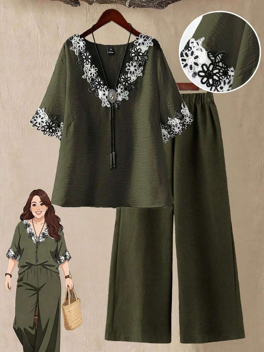 Linhara Setelan 2 Potong Wanita Ukuran Plus: Atasan Lengan Pendek Berkerah V dengan Trim Renda Warna Kontras dan Tekstur Polos dari Bahan Linen Imitasi + Celana Santai Nyaman dengan Pinggang Elastis - Hijau Tentara - View 1