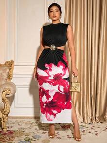 Cravure Plus Size Women's Metal Decor Hollow Waist Cutout Dress, Sexy Hot Girl Style, Fashionable Versatile For Daily Commute, Party, Prom - Black - View 7
