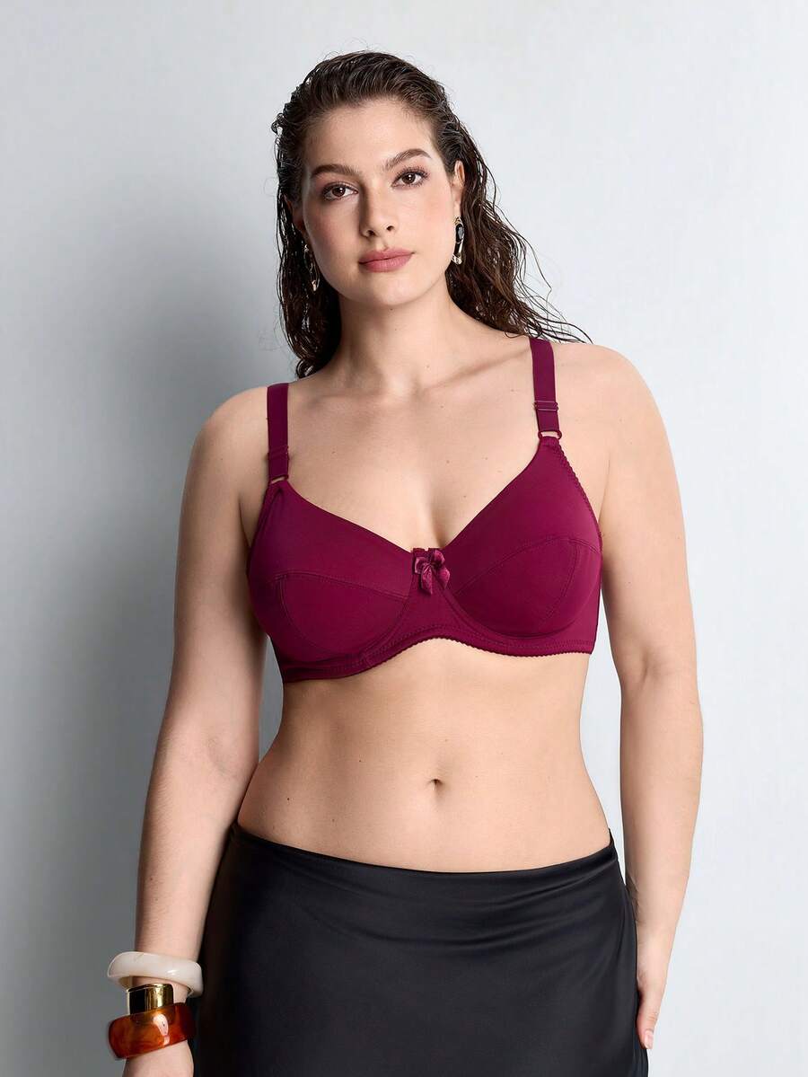 Slumbrini One Piece Plus Size Solid Color Stretchy Ultra-Thin Underwire Bra, Simple For Daily Wear