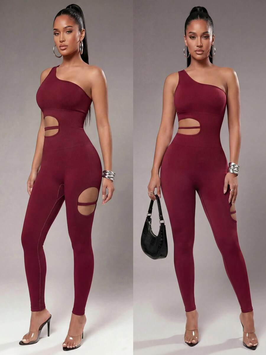 Radiana Women's Asymmetrical Shoulder Cutout Fitted Sports Jumpsuit Casual Everyday Wear Summer Running Yoga Gym Club, Nightclub Cocktail Party Sexy - Burgundy - View 1