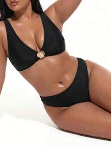 Oceva Women's Plus Size Solid Color 2-Piece Thick Strap Triangle Bikini Set For Vacation Beach Gold Summer Sexy Black - Black - View 5