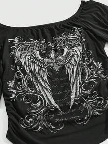 ROMWE Goth 哥德式鳶尾花翼水鑽字母印花不對稱袖大尺碼女上衣，露肩女上衣 - 黑色 - 查看 3