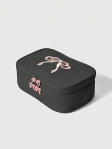 ROMWE Kawaii Bolsa de almacenamiento de cosméticos de gran capacidad con bordado de lazo cuadrado - Negro y rosa - Ver 4