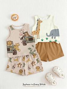 Consigue 2 piezas Conjunto Aleatorio de Bebé Niño Nuevo Casual Minimalista Suave y Cómodo Conjunto de Camiseta sin Mangas & Pantalones Cortos, Adecuado para Primavera/Verano, Estampado Clásico y Lindo de Animales - Multicolor - Ver 2