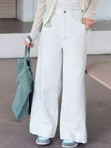 Dazy Kids Tween Girls' Casual Versatile Solid Color Wide Leg Jeans - White - View 5
