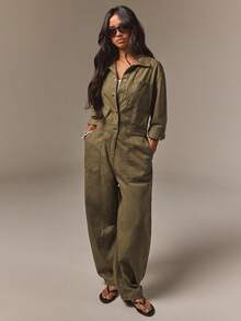 Athîral Denim 女款時尚百搭鈕扣口袋寬鬆休閒牛仔連身褲 - 軍綠色 - 查看 5