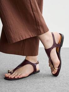 CUCCOO BIZCHIC 女款金屬腳趾環裝飾 T 型帶平底休閒日常涼鞋 - 中紫色 - 查看 2