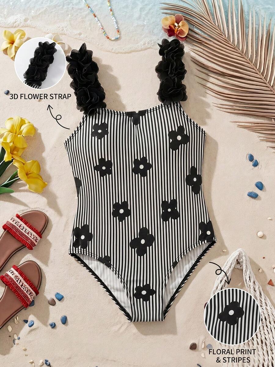 SHEIN 少女條紋圖案印花連身泳衣 - 彩色 - 查看 1