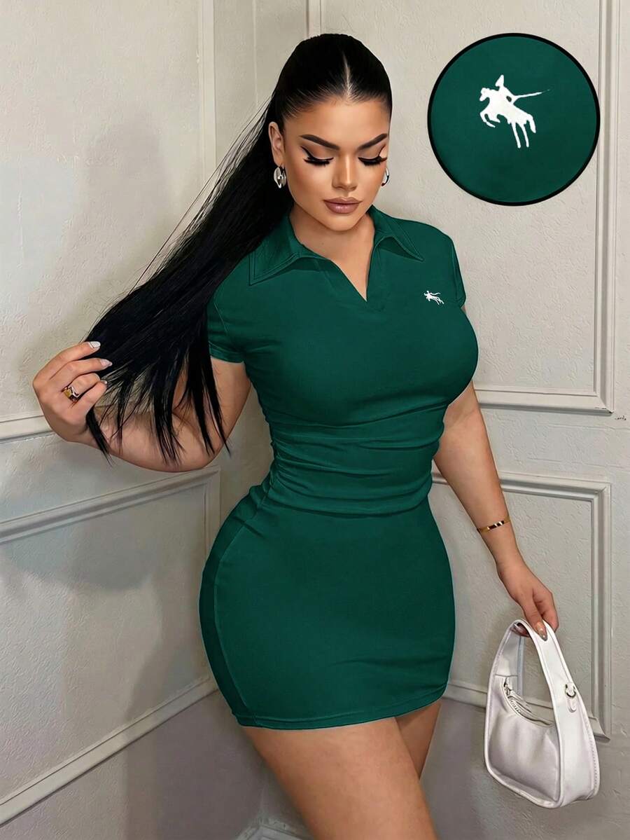 SHEIN SXY 翻領簡約休閒商務刺繡洋裝 - 墨綠色 - 查看 1