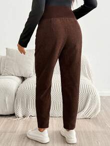 SHEIN Maternity Solid Color Adjustable Waist Casual Long Pants Fall - Brown - View 8