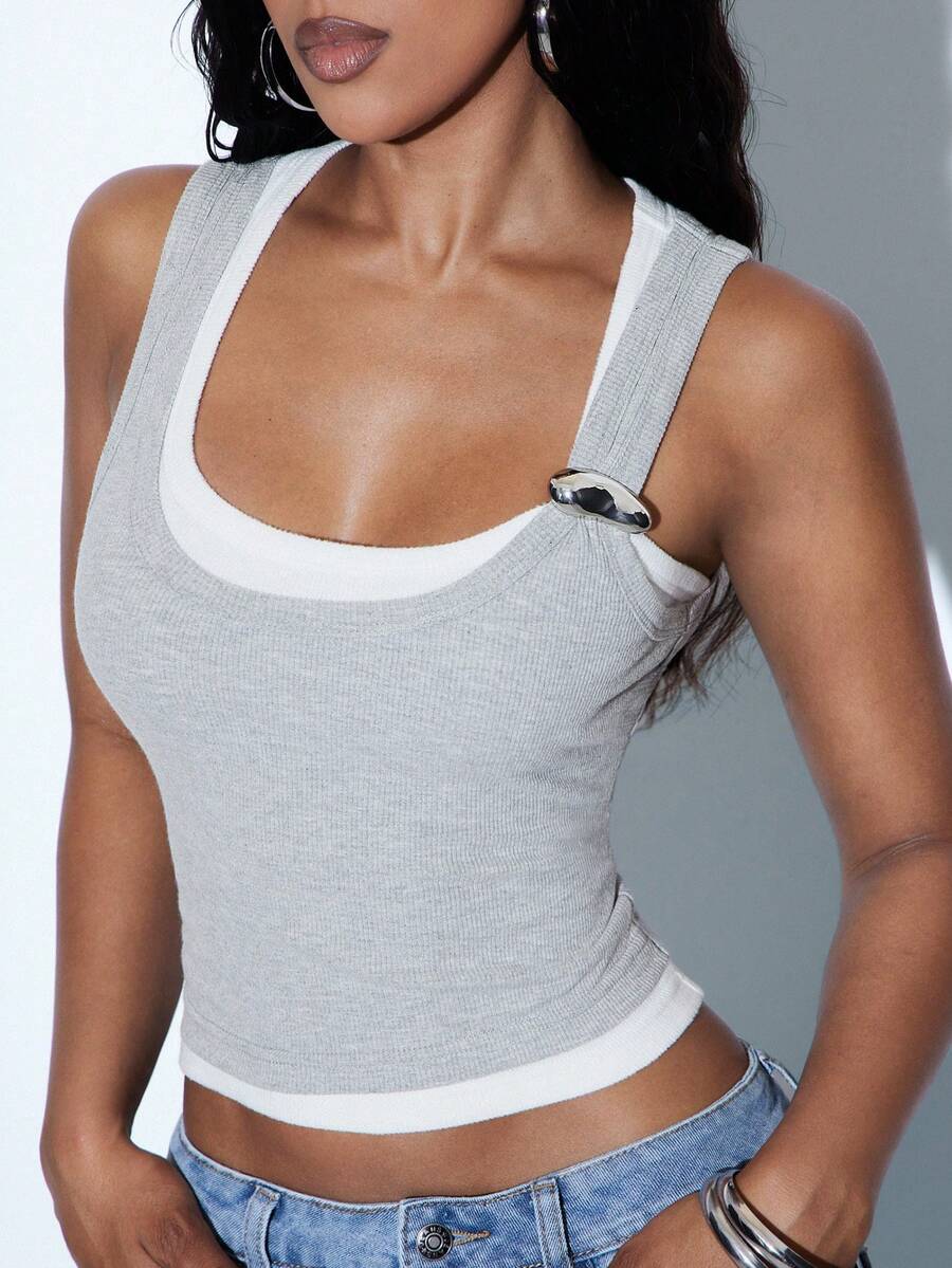 Denimoi Layered Scoop Neck Tank Top Fashion Everyday Wear Fashionable Streetwear Sexy Night Out Grey White Summer - Grey - View 1