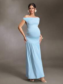 Cheriluna Maternity 輕奢單肩高彈力針織孕婦洋裝，修身抓皺大裙擺孕婦長洋裝，優雅大方的孕婦晚禮服 - 藍色 - 查看 3