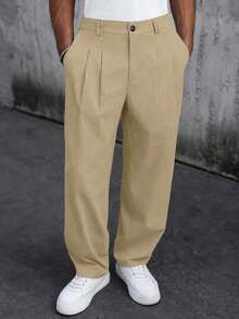 SLATEMANN Pantalones casuales de pierna recta con pliegues y bolsillos de unicolor para hombre - Caqui - Ver 5