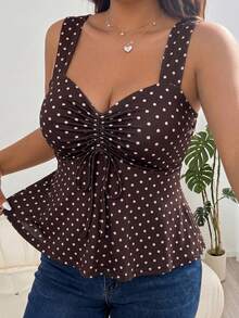 Solflare Brown Plus Size Women's Polka Dot Pattern Front Tie Top - Brown - View 3