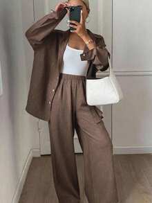 Dazy Tall Women's Lapel Long Sleeve Shirt And Straight Leg Pants Casual 2 Pieces Set Fall - Coffee Brown - View 6