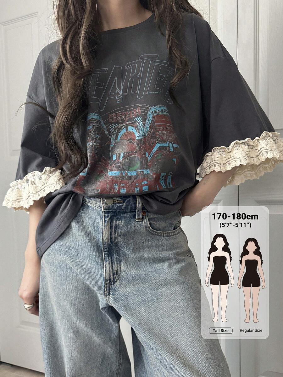 Dazy Tall Women's Summer Round Neck Contrast Color Lace Patchwork Loose Printed Casual Pullover T-Shirt Oversized - Grey - View 1