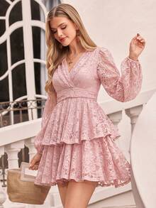 Amorya Vestido mini elegante y romántico para mujer con estampado floral rosa, mangas de farol, adecuado para citas nocturnas, fiestas en el jardín, fiestas diurnas, vacaciones, verano y otoño - Rosa - Ver 8