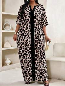 SHEIN Lady Beige Leopard Print V Neck Kaftan Maxi Dress Summer Loose Fit Casual Boho Elegant Long Dress Vacation Evening Gym - Brown - View 3