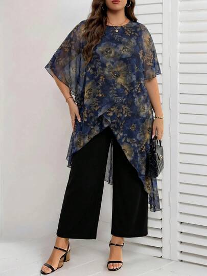 Reflora Women's Plus Size Botanical Print Asymmetrical Hem Short Sleeve Top And Wide Leg Pants 2 Pieces Set