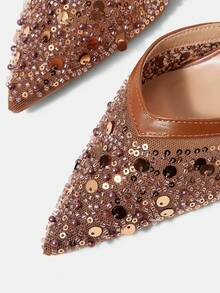 CUCCOO HITCHD Ladies Floral Faux Pearl Decorative Design Pointed Elegant High Heels Fall Shoes - Brown - View 4