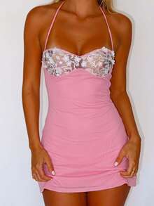 Ure Wave Women's 3D Floral Decor Sequin Patchwork Backless Halter Mini Dress - Multicolor - View 5