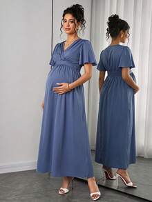 Momance Elegant Maternity Maternity Solid Color Side Slit Maternity Dress For Summer Photoshoot Dusty Blue Photoshoot - Blue - View 8