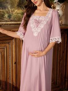 PalaceNights French Vintage Maternity Dress, Lace Loose Fit Maternity Maxi Dress, Gentle Style Home Dress - Dusty Pink - View 5