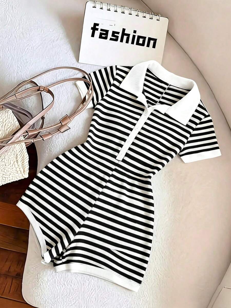 Franclia Rompi Wanita Motif Garis-Garis Patchwork Kasual untuk Perjalanan Sehari-hari - Hitam dan Putih - View 1